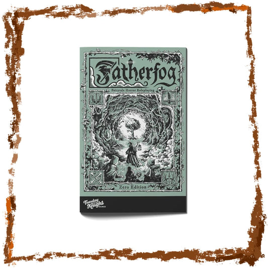 A book centered on a white background with a distressed brown border. The front cover reads 'Fatherfog' in ornate gothic lettering and shows a dark fantasy illustration in muted green-gray and black.