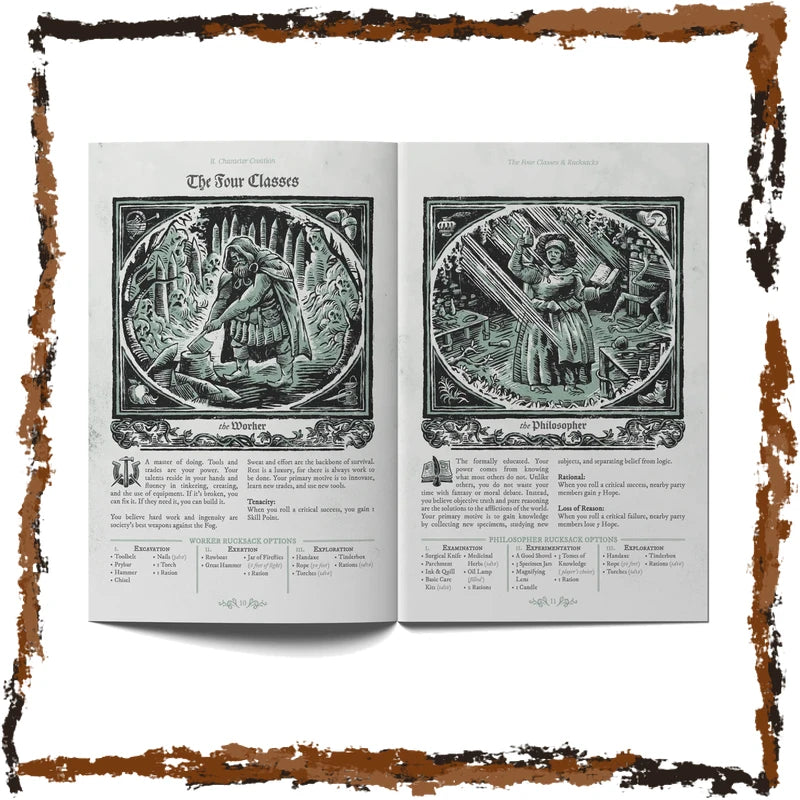 An open vintage-style book or booklet spread showing two illustrated pages with black-and-white gothic artwork and text under the heading 'The Four Classes.' The book is centered on a white background with a distressed brown border around the edges.