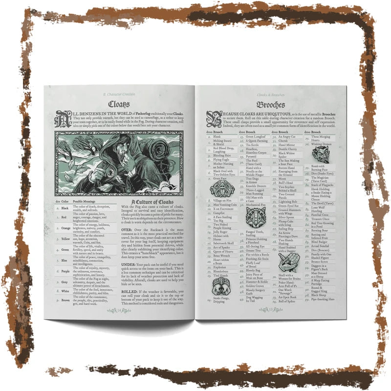 An open book spread displaying printed pages with fantasy-style text and illustrations, centered on a white background with a distressed brown border around the edges.