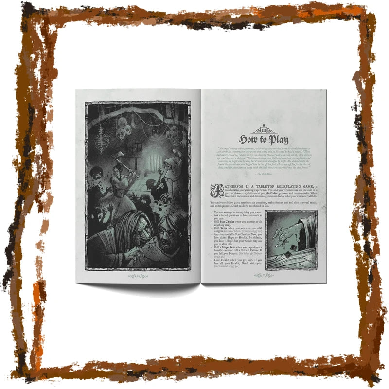 An open vintage game book or magazine spread showing a black-and-white illustration on the left page and a page titled 'How to Play' with rules text on the right, centered on a white background with a distressed rust-colored border.
