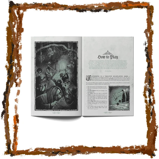 An open vintage game book or magazine spread showing a black-and-white illustration on the left page and a page titled 'How to Play' with rules text on the right, centered on a white background with a distressed rust-colored border.