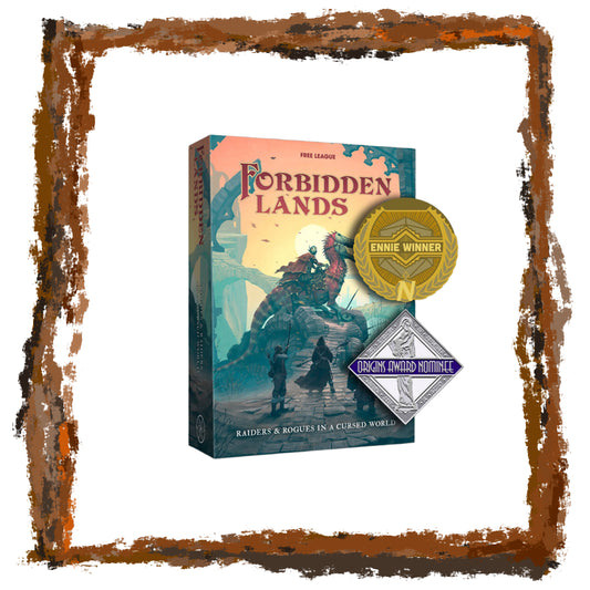 Board game box titled 'Forbidden Lands' with awards on a textured brown border.