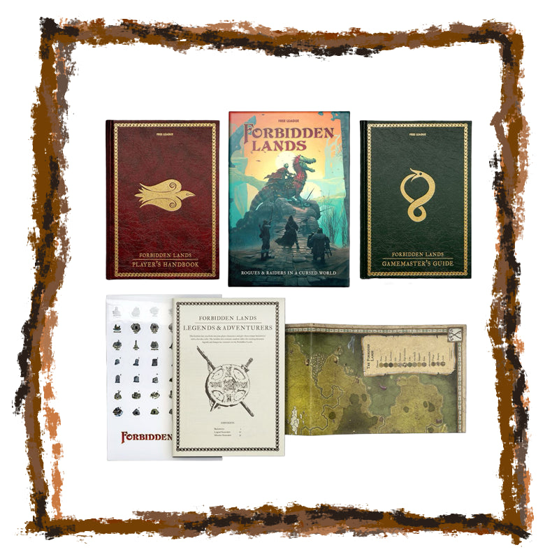 Collection of 'Forbidden Lands' game components including books, a map, and cards on a decorative brown border.