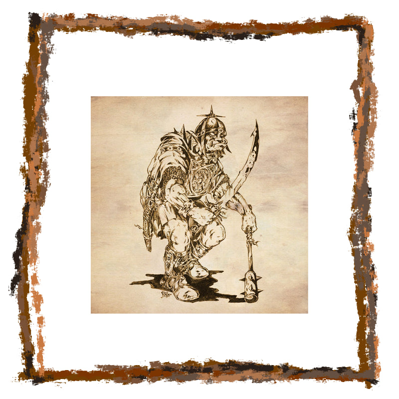 Vintage-style illustration of a warrior on textured paper with a rustic border.