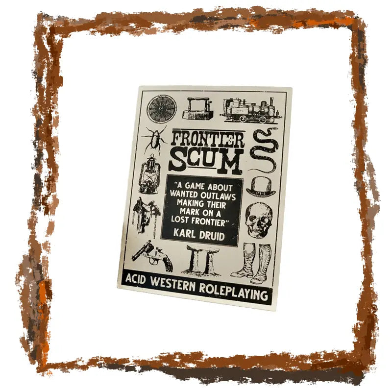 Frontcover of 'Frontier Scum' game with decorative border