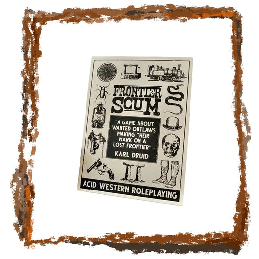 Frontcover of 'Frontier Scum' game with decorative border