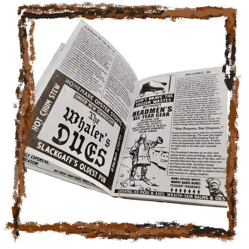 Open book with vintage-style text and graphics on a white background