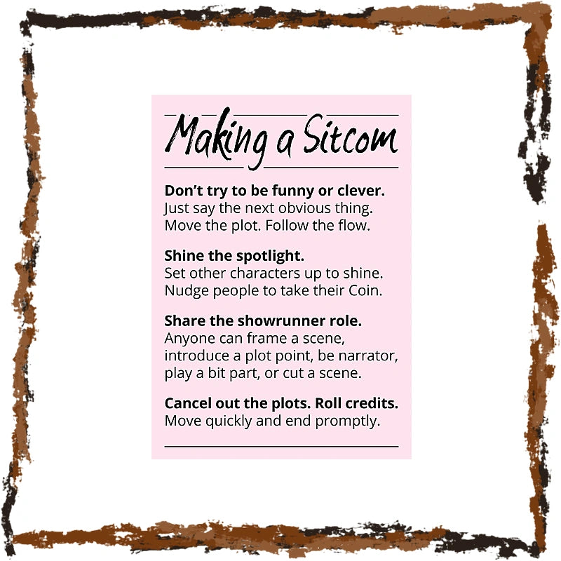 A square graphic with a distressed brown border on a white background, featuring a pale pink text box titled 'Making a Sitcom' with black handwritten-style instructions about comedy and credits.