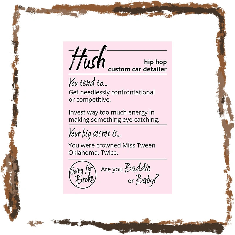 A pink rectangular card with black text and a circular logo reading 'Going For Broke' on a white background, surrounded by a distressed brown border.