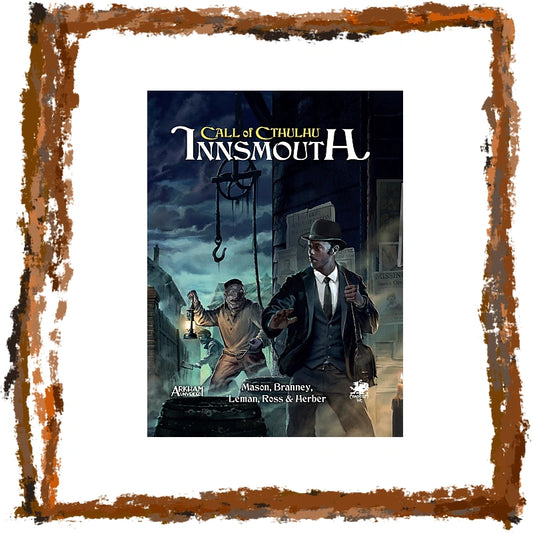Call of Cthulhu: Innsmouth box set cover art centered within a distressed brown and white rustic frame. The cover shows a dark illustrated city scene with two figures, one holding a lantern, under the title 'Call of Cthulhu Innsmouth'.