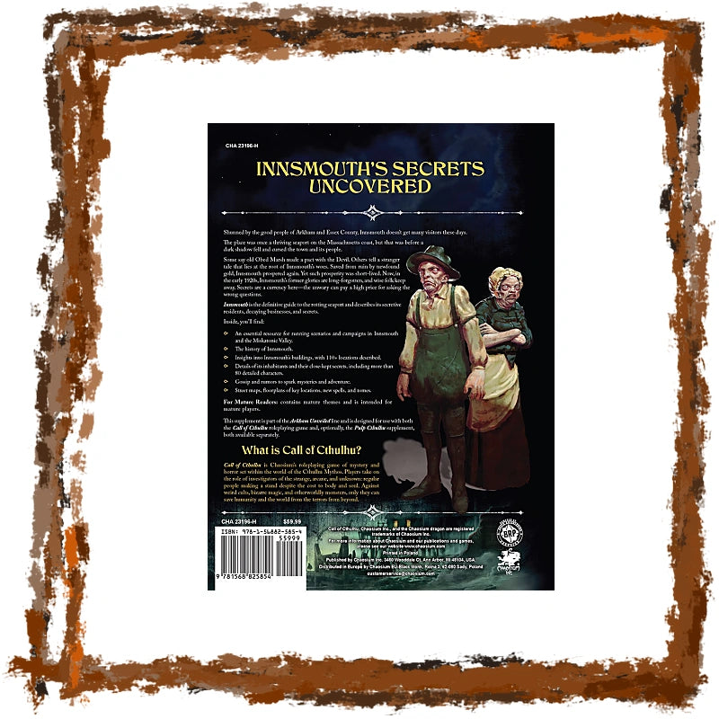 Back cover of the Innsmouth, featuring dark fantasy artwork of two figures on a black background with white and gold text, surrounded by a distressed brown border on a white field.