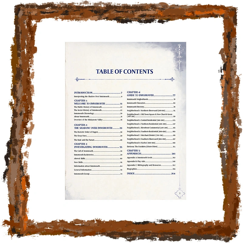 A printed table of contents page with black text on an off-white paper background, centered within a distressed brown rustic frame.
