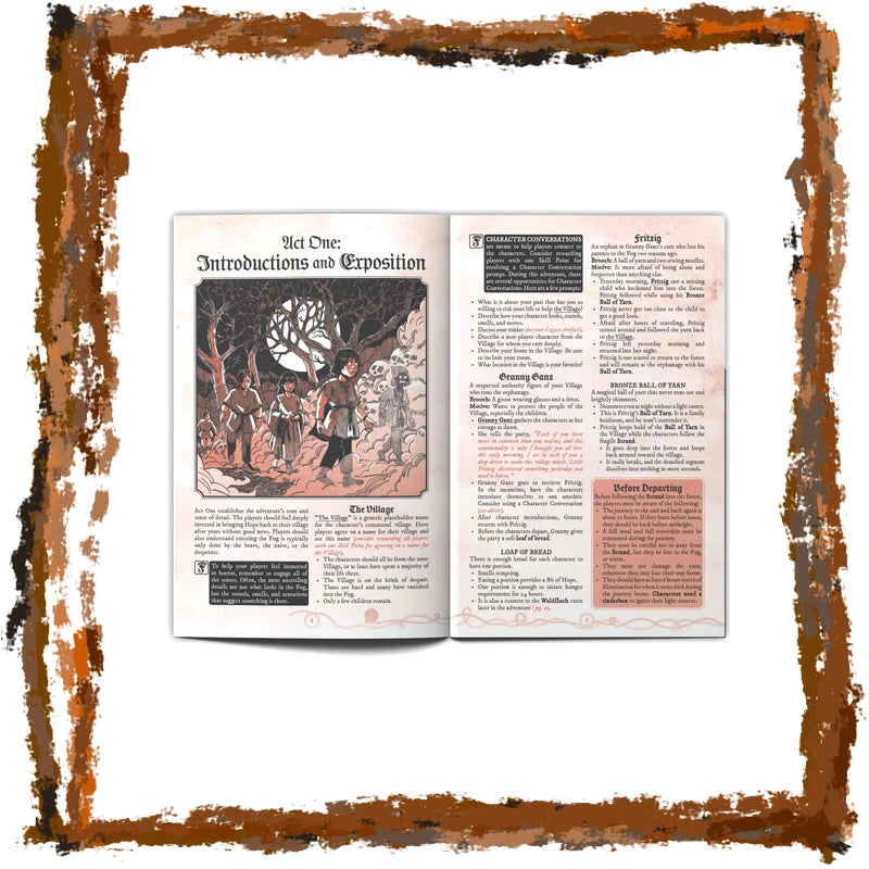 An open book or booklet showing two printed pages with text and a vintage-style illustration, centered on a white background with a distressed brown border around the edges.