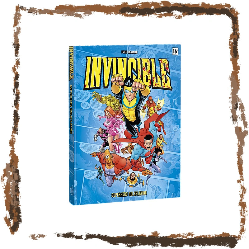 Invincible ttrpg core book standing upright, showing the cover with the main superhero and supporting characters on a blue comic-style background. The book is photographed against a white backdrop with a distressed brown border around the edges.