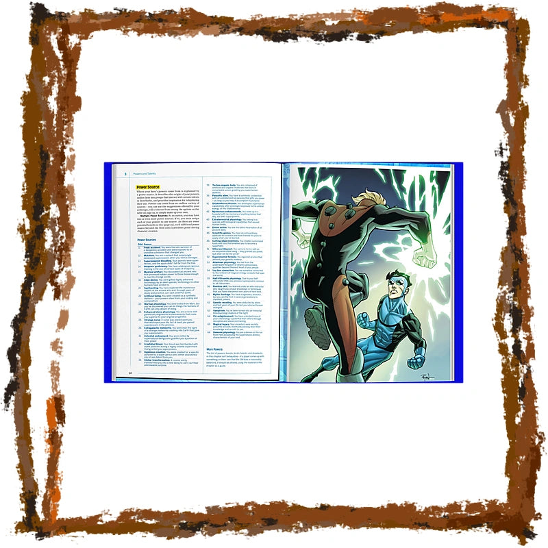 An open printed book or magazine spread shown against a white background, with a distressed brown painted border around the image. The left page contains dense text, and the right page shows a comic-style illustration of two characters with green energy effects.