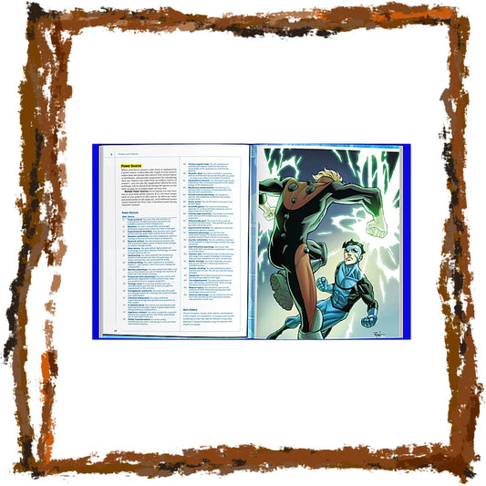 An open printed book or magazine spread shown against a white background, with a distressed brown painted border around the image. The left page contains dense text, and the right page shows a comic-style illustration of two characters with green energy effects.