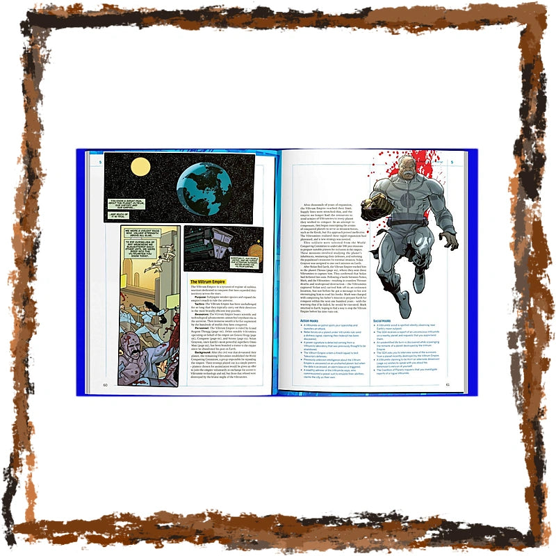 An open book or magazine spread showing comic-style illustrations and printed text, centered on a white background with a distressed brown border around the edges.