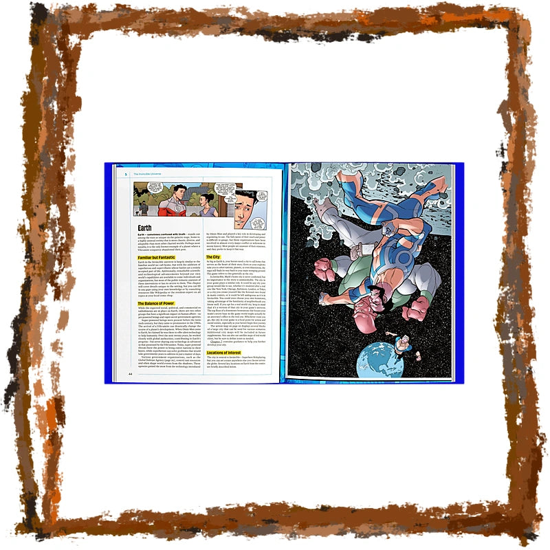 An open book or magazine spread showing printed text on one page and a colorful comic-style illustration on the other, centered on a white background with a distressed brown border.