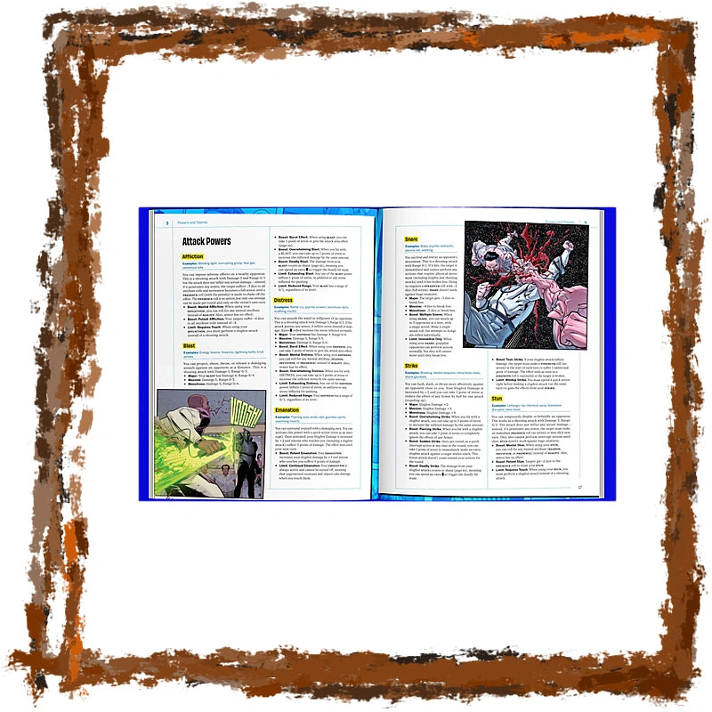 An open book showing two printed pages with text and comic-style illustrations, centered on a white background with a distressed brown border around the edges.