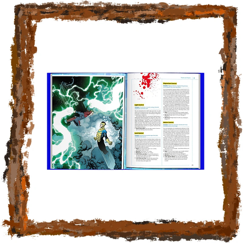An open book or booklet shown against a white background, with a rough brown painted border around the image. The left page features a comic-style illustration of a character surrounded by green and white lightning, and the right page contains text columns with a red splatter graphic at the top.