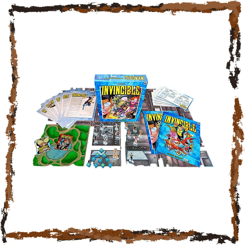 Invincibles ttrpg set displayed on a white background with a distressed brown border. The set includes the main game box, a smaller companion box, cards, a green outdoor board, and several illustrated pieces and tokens.