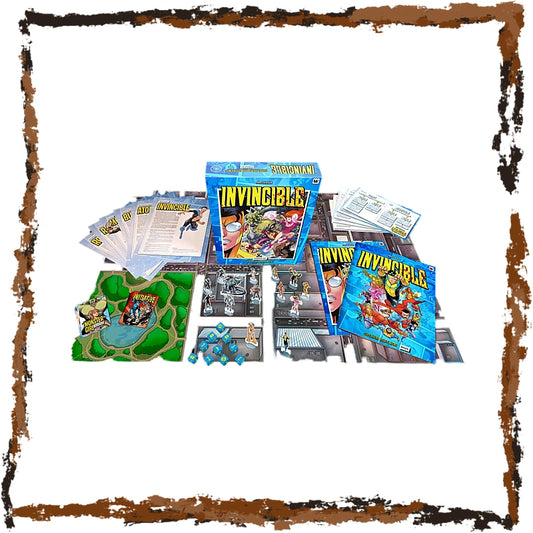 Invincibles ttrpg set displayed on a white background with a distressed brown border. The set includes the main game box, a smaller companion box, cards, a green outdoor board, and several illustrated pieces and tokens.