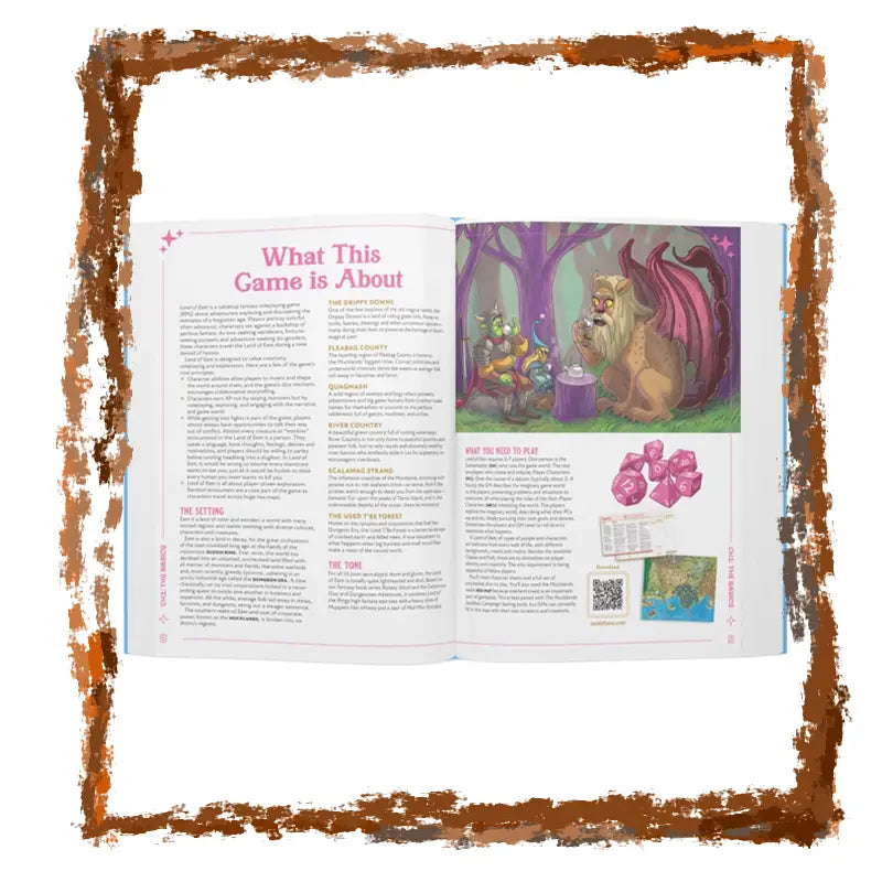 Open book with illustrations and text on a white background