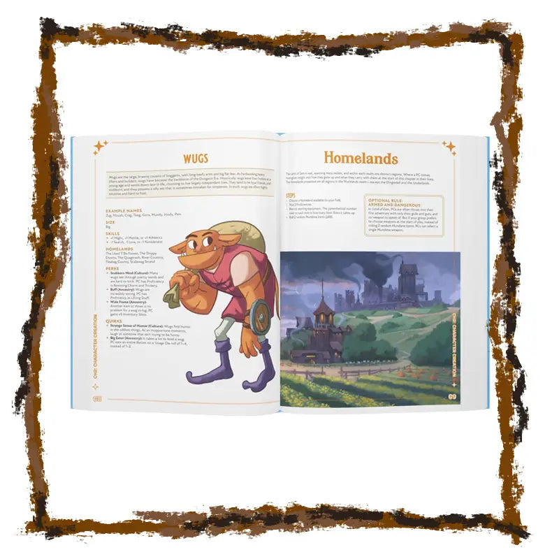 Open book with a cartoon character and landscape illustration, framed with a decorative border.