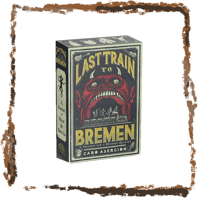 A boxed card game titled "Last Train to Bremen" shown upright on a white background with a distressed brown border around the edges. The box features a large red mouth illustration and yellow title text.