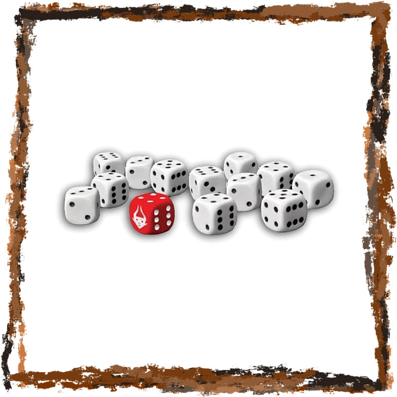 A cluster of white dice with black pips and one red die featuring a white dagger symbol, arranged on a white background with a distressed brown border.