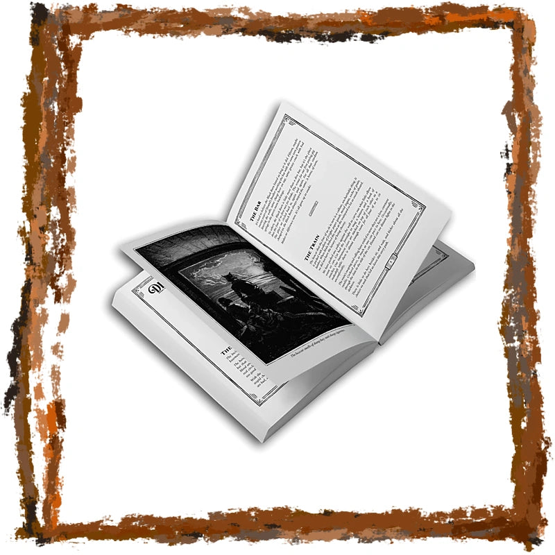 An open book or booklet shown at an angle on a white background, with printed text on one page and a black-and-white scene on the other. The image is framed by a distressed brown border.