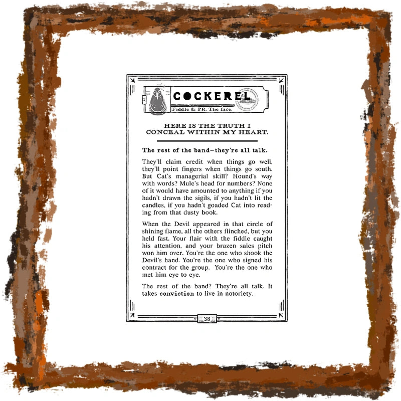 A square decorative print or poster with a distressed rust-colored border and a central white panel containing a vintage-style text layout titled 'COCKEREL' with smaller text 'TABLE & P. The True.