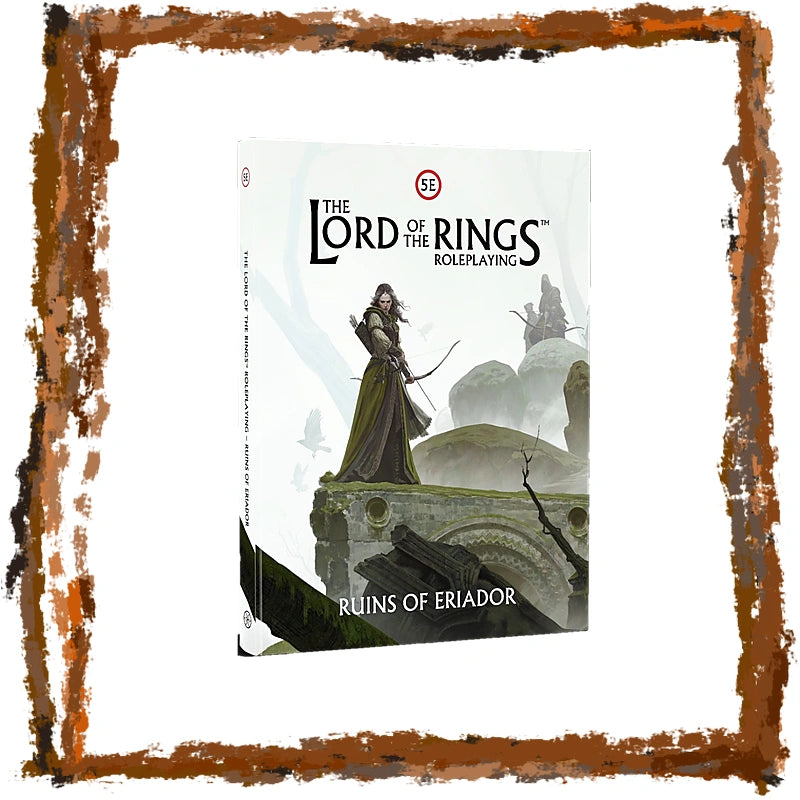 The Lord of the Rings Roleplaying: Ruins of Eriador book cover shown against a white background with a distressed brown rustic frame.