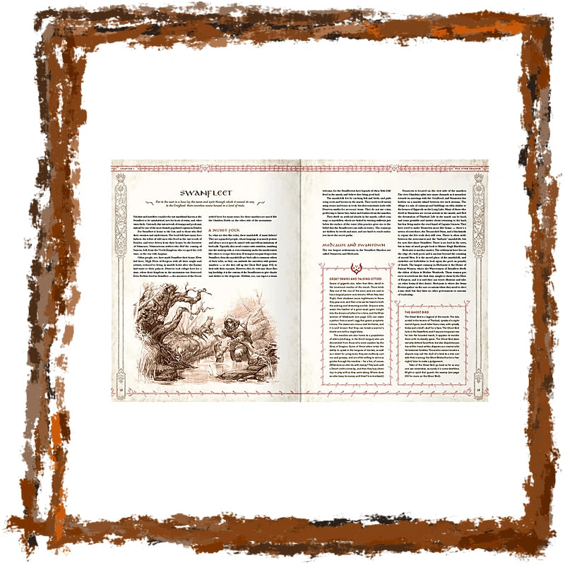 An open printed book spread showing a page titled 'swanfleet' with dense text columns and a sepia illustration on the left page, centered on a white background with a distressed brown border.