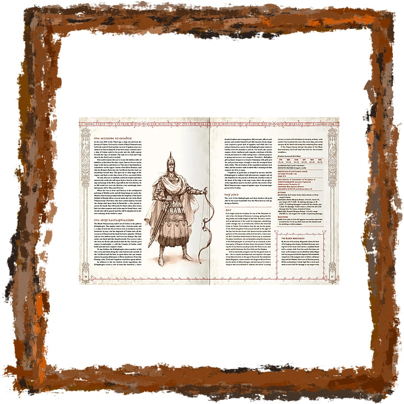 An open book spread displaying an illustration of a medieval knight in armor, surrounded by a rustic brown painted wood border on a white background.