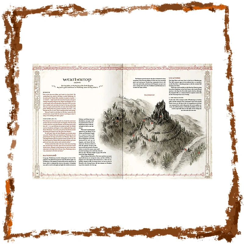 An open vintage-style book spread titled "WEATHERTOP" showing a detailed mountain landscape illustration with text columns, centered on a white background with a distressed brown border.