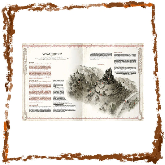 An open vintage-style book spread titled "WEATHERTOP" showing a detailed mountain landscape illustration with text columns, centered on a white background with a distressed brown border.