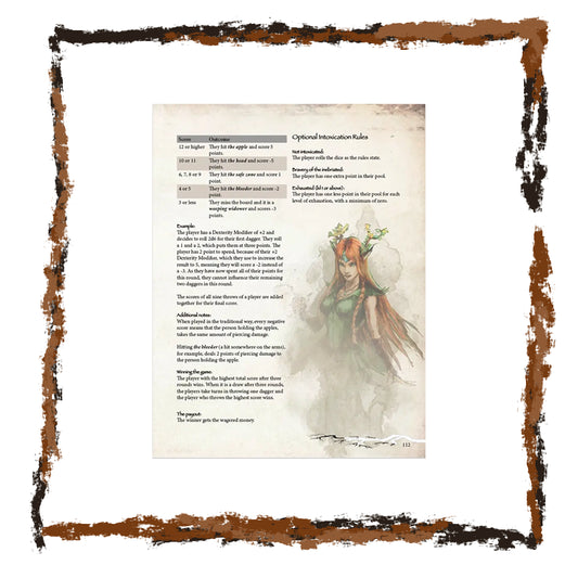Sheet of paper with text and an illustration of a character in a fantasy setting, framed with a decorative border.