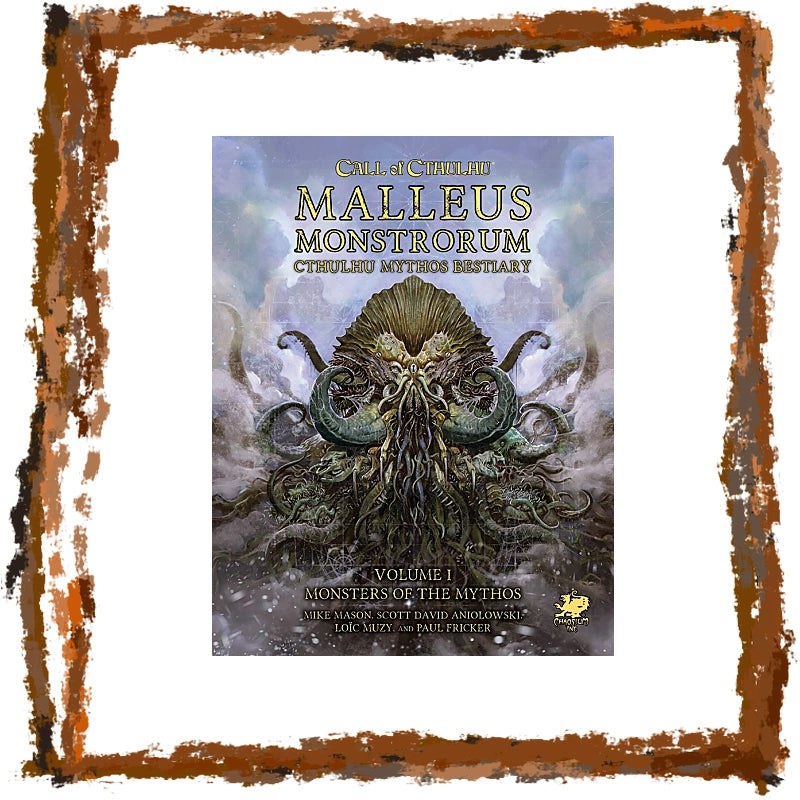 The front cover of the book 'Call of Cthulhu: Malleus Monstrorum' is shown centered within a distressed brown rustic frame. The cover art features a large, detailed green and black sea monster with tentacles emerging from misty, stormy blue-gray water.