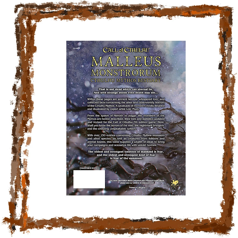 A square printed card or poster titled 'Call of Cthulhu: Malleus Monstrorum' with fantasy artwork and dense text, centered on a white background with a distressed rust-brown border around the edges.