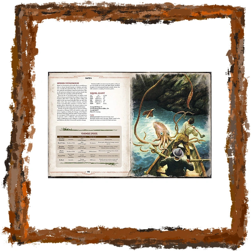 An open fantasy tabletop gaming rulebook spread showing a monster entry with text on the left and an illustrated scene of a boat with tentacles on the right, centered on a white background with a distressed brown border.