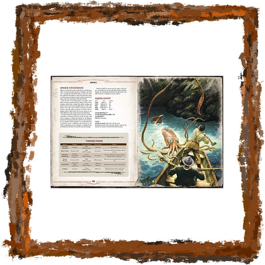 An open fantasy tabletop gaming rulebook spread showing a monster entry with text on the left and an illustrated scene of a boat with tentacles on the right, centered on a white background with a distressed brown border.
