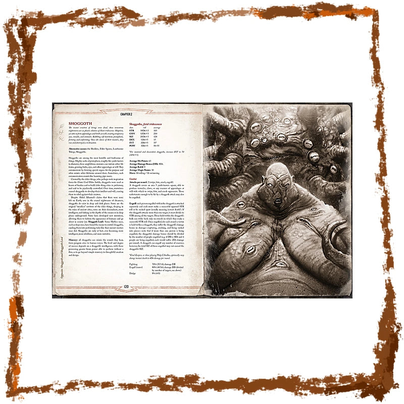 An open book or booklet spread showing a printed monster entry labeled 'HABITUS' on the left page and a large black-and-white fantasy illustration of a multi-headed creature on the right page, centered on a white background with a distressed brown border.