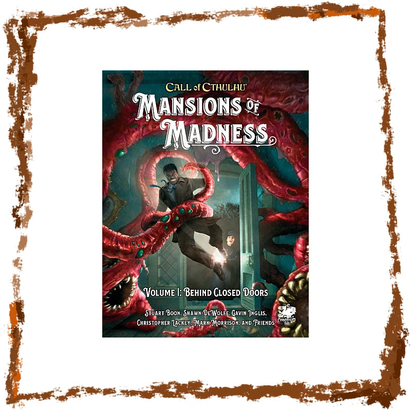 Call of Cthulhu: Mansions of Madness Volume 1: Behind Closed Doors tabletop gaming box set cover, centered on a white background with a distressed brown border.