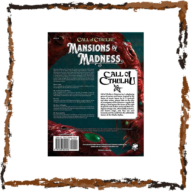 The back cover of the Call of Cthulhu: Mansions of Madness roleplaying game box, featuring a dark teal background with red monster illustrations and white title text, set against a rustic distressed brown frame on a white background.