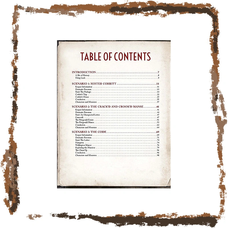 A vintage-style table of contents page with black text on aged beige paper, centered within a distressed brown rusted-frame border on a white background.