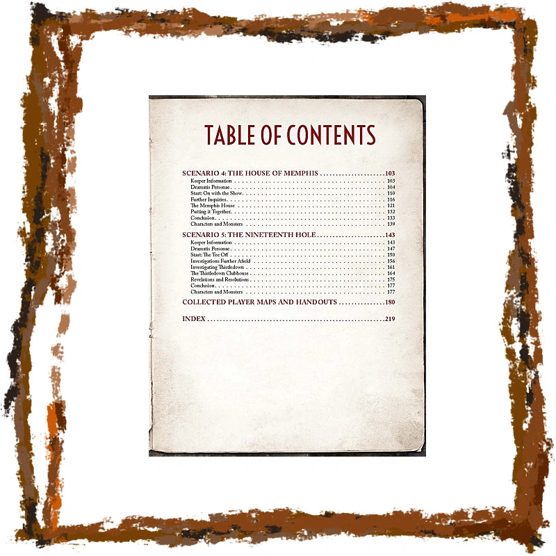 A printed table of contents page from a game or book, shown centered on a white background with a distressed brown border around the edges.