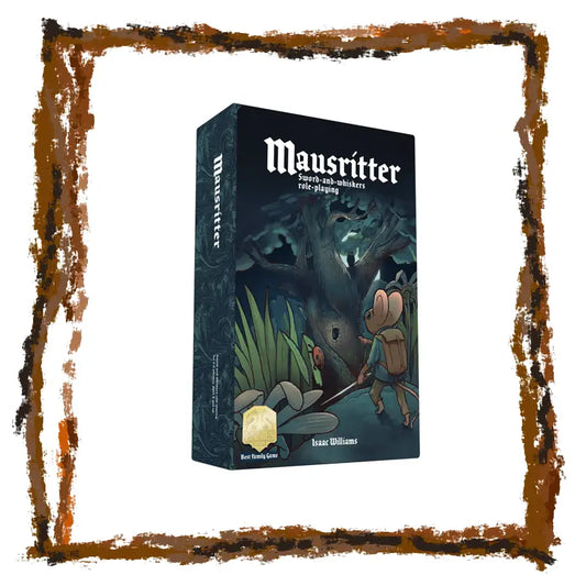 Mausritter role-playing game box with illustration of a mouse and dragon on a dark background