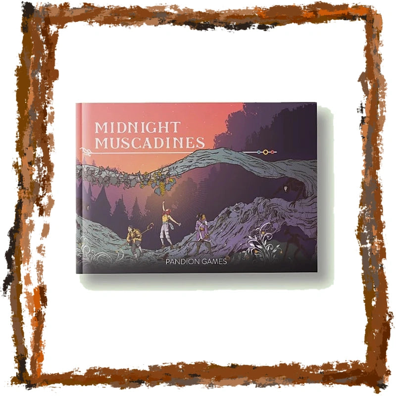 The board game box for 'Midnight Muscadines' by Pandion Games, featuring a stylized illustration of figures crossing a bridge over a forest at dusk, framed by a rustic brown border on a white background.