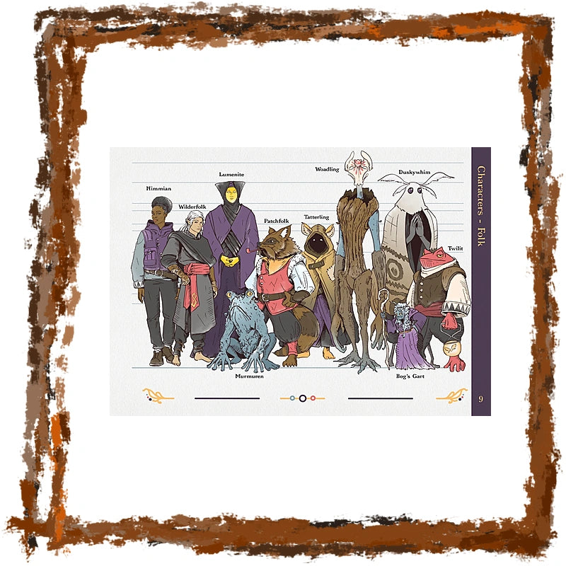 A framed art print featuring a character lineup illustration from 'The Lordestar', showing various fantasy creatures and characters standing next to height lines. The print is framed in a rustic, distressed brown border on a white background.